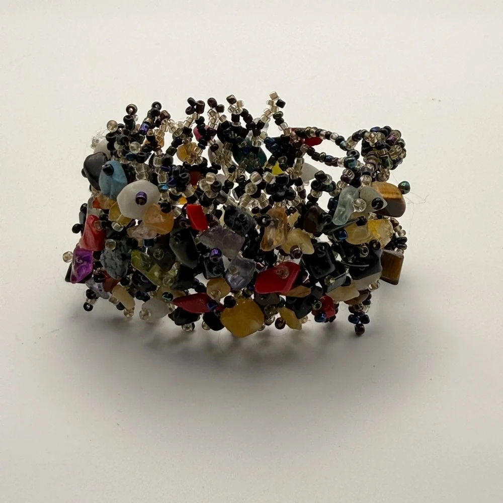 Multicolor Beaded Stone Cuff Bracelet Chunky Earthy Boho Festival Fairy Y2K‎
